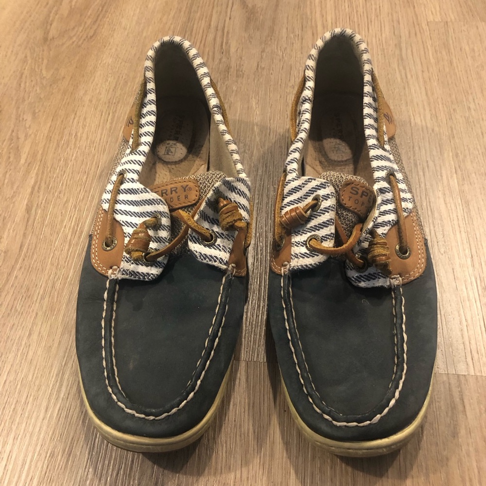 Sperry Navy and Tan Striped Boat Shoes